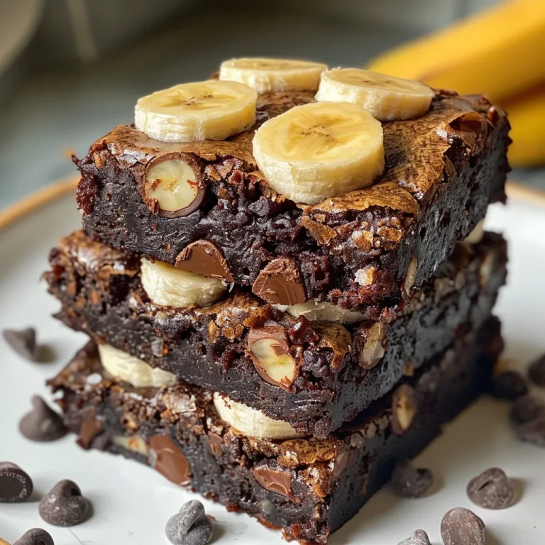 Moist, fudgy Flourless Banana Brownies with a shiny surface viewed from the side.