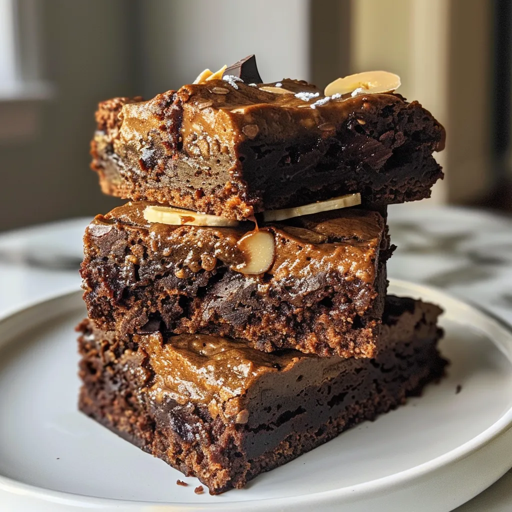 A side view of Flourless Banana Brownies showcasing their dense texture and melted chocolate chunks.