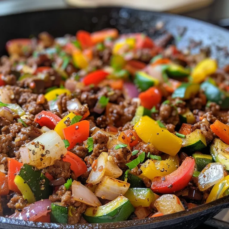 Close-up view of a colorful veggie beef skillet with diced bell peppers and zucchini.