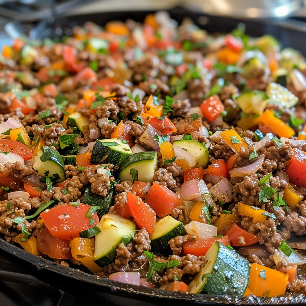 Side view of a skillet filled with ground beef and fresh vegetables, garnished with herbs.