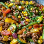 Close-up view of a colorful Garden Vegetable Beef Skillet with diced bell peppers, zucchini, green beans, corn, and ground beef.