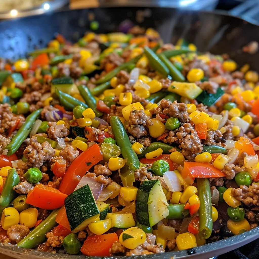 Side view of a vibrant Garden Vegetable Beef Skillet featuring fresh vegetables and ground beef, presented in a skillet.