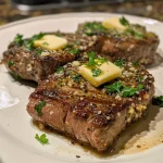 Juicy ribeye steak topped with garlic butter and Parmesan cream sauce, garnished with parsley.