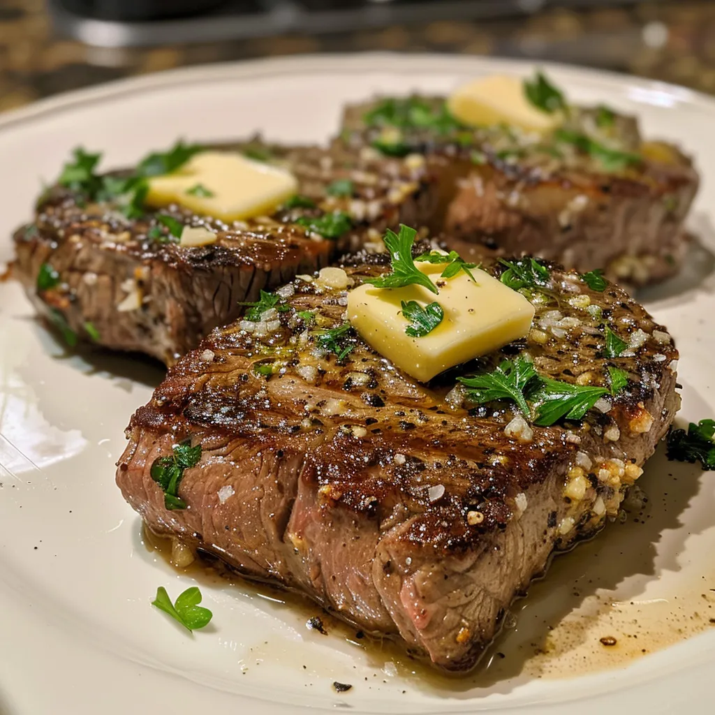 Juicy ribeye steak topped with garlic butter and Parmesan cream sauce, garnished with parsley.