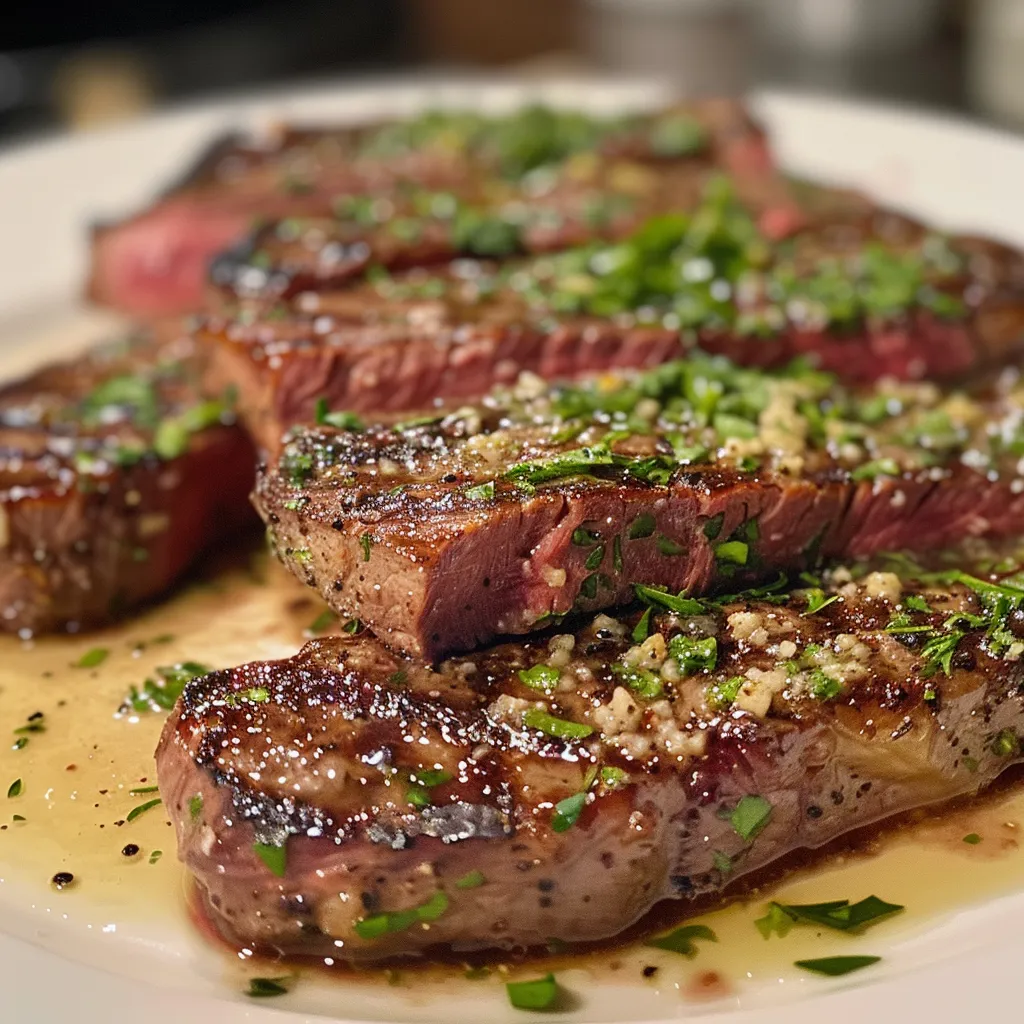 Close-up of a perfectly cooked garlic butter steak with creamy sauce drizzled on top.