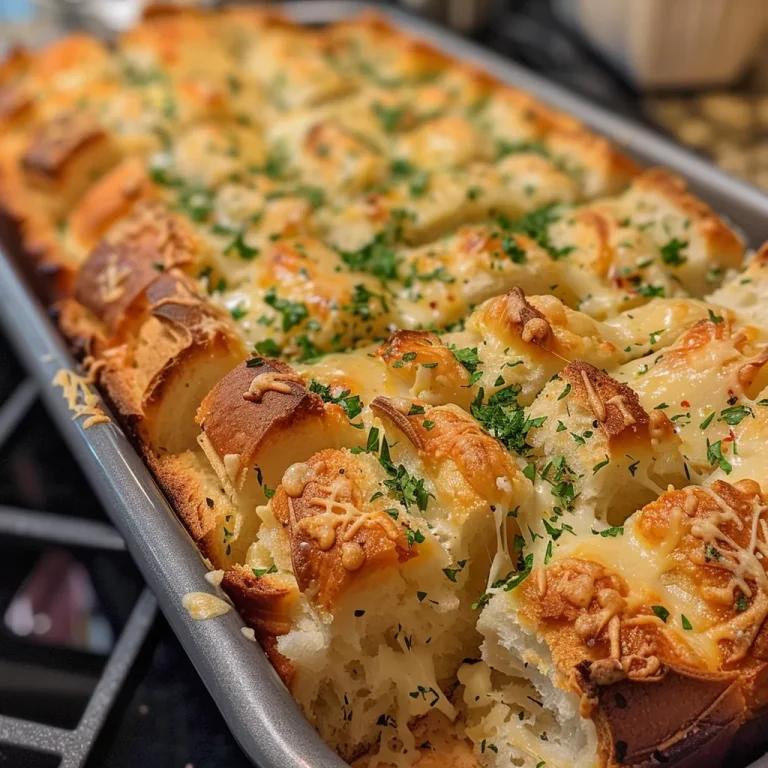 Close-up view of a loaf of golden garlic and cheese pull-apart bread.