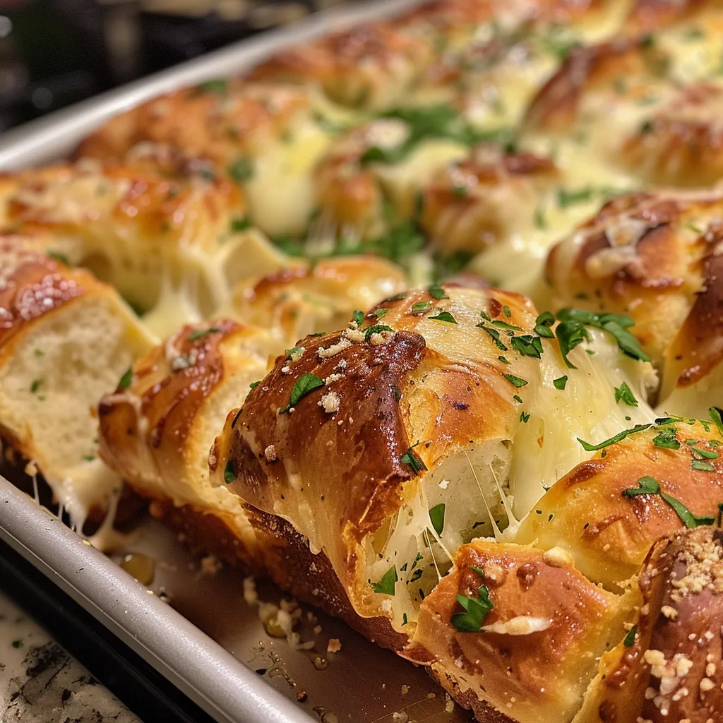 Side shot of a freshly baked pull-apart bread, showcasing its gooey cheese and garlic.
