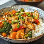 Close-up view of a vibrant chicken stir fry with colorful vegetables.