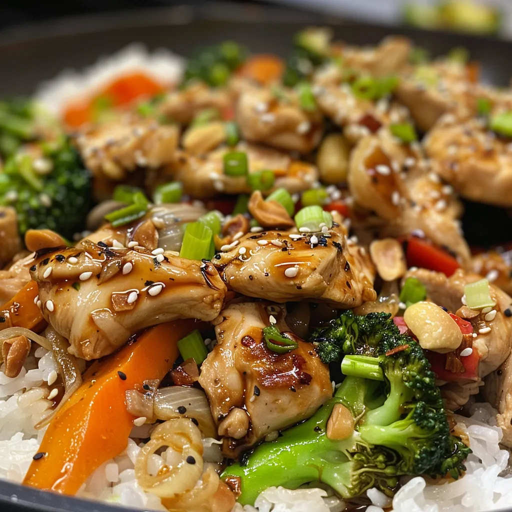 Juicy chicken pieces stir-fried with green bell peppers, broccoli, and carrots.