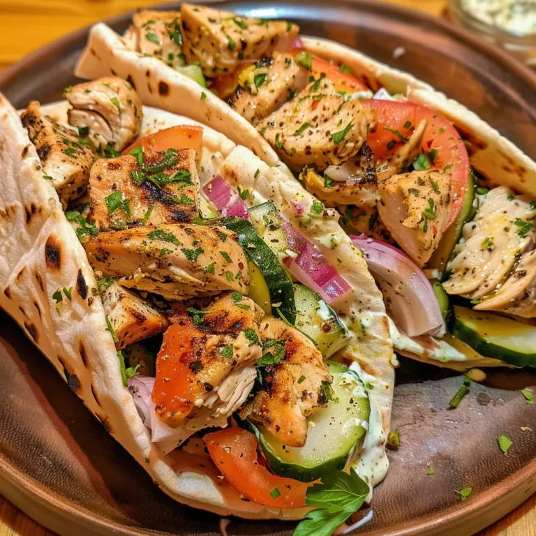 Close-up of Greek chicken wraps featuring fresh ingredients and garlic yogurt sauce.