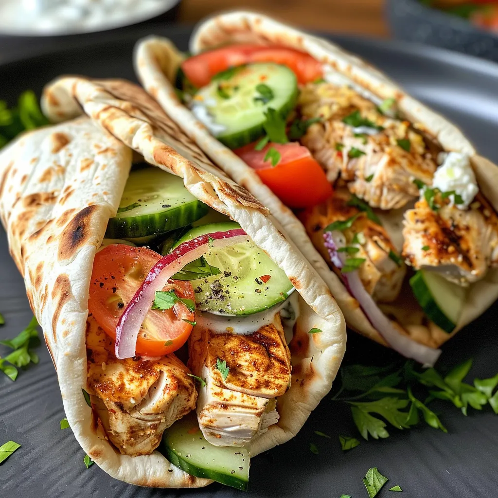 Juicy Greek chicken wraps on a plate with diced vegetables and garlic yogurt sauce on the side.