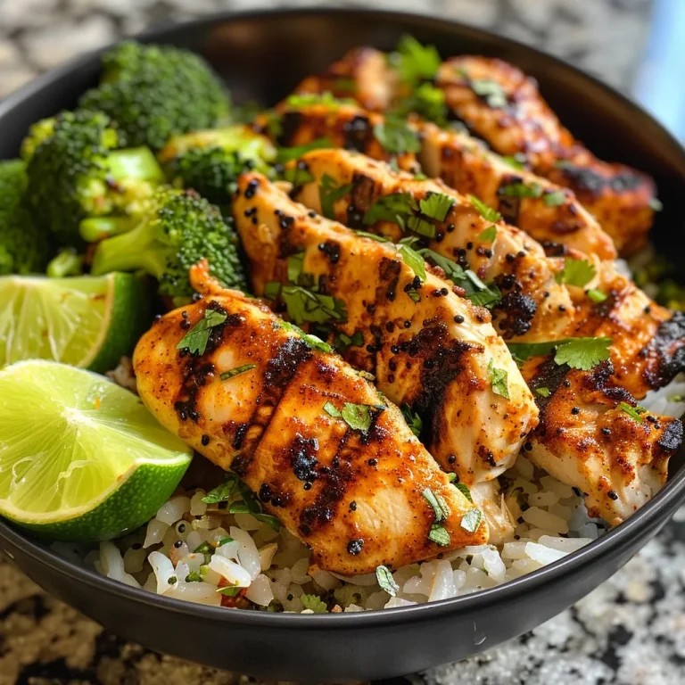 Close-up view of a bowl filled with grilled chicken, broccoli, and rice.