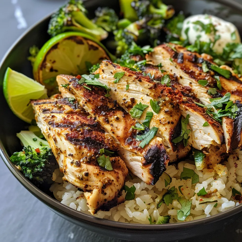 Side view of a delicious grilled chicken and broccoli bowl on a wooden table.