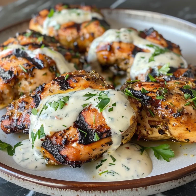 Close-up view of juicy grilled chicken drizzled with creamy yogurt sauce.