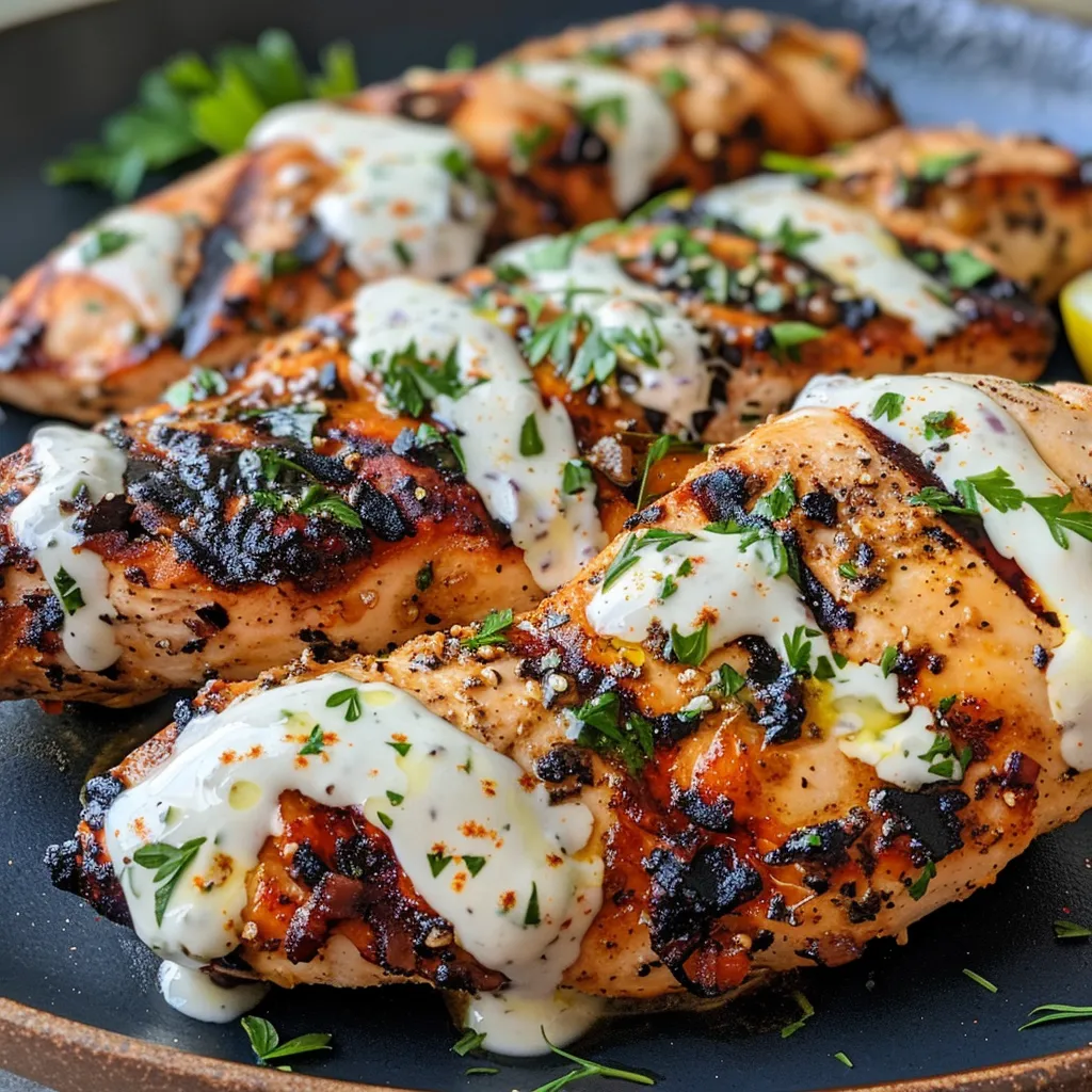 Side view of succulent grilled chicken topped with a fresh yogurt sauce.