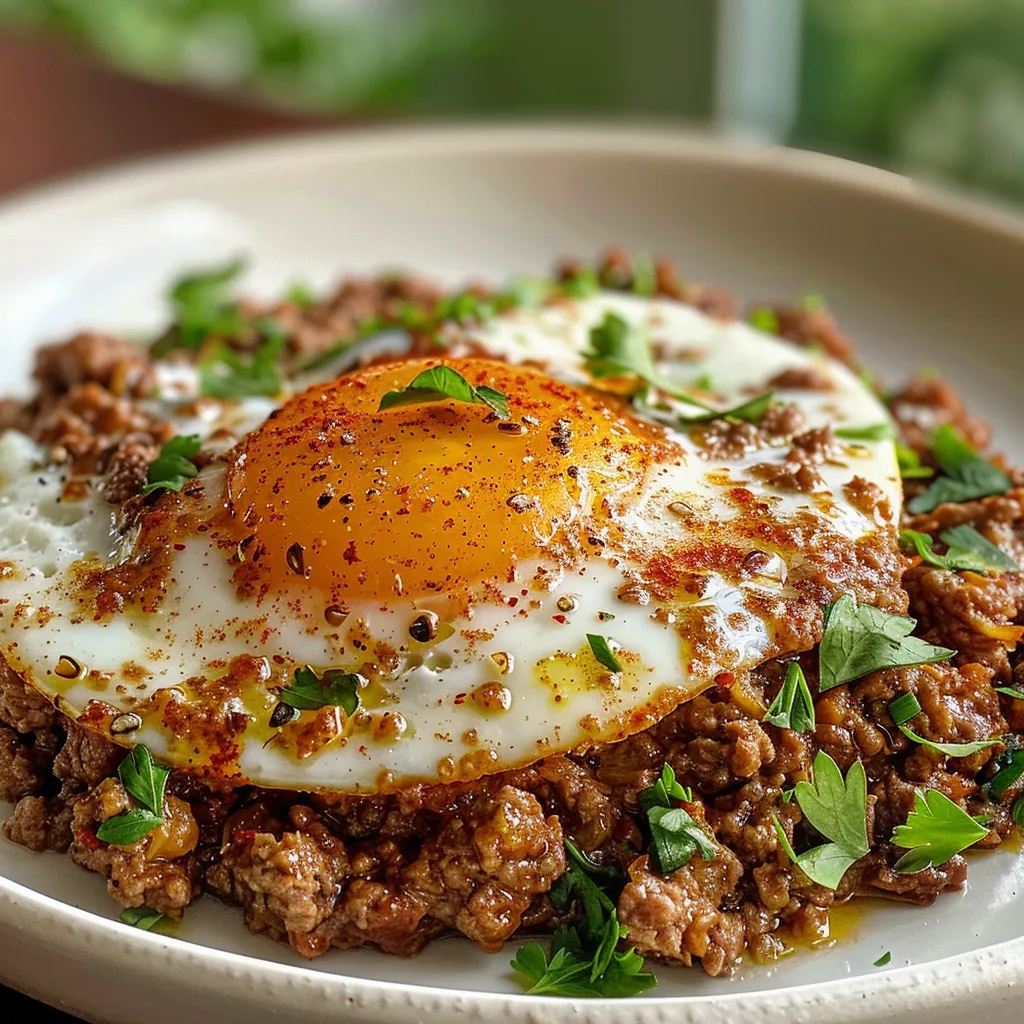 Close-up of a cooked dish featuring ground beef and scrambled eggs on a plate.