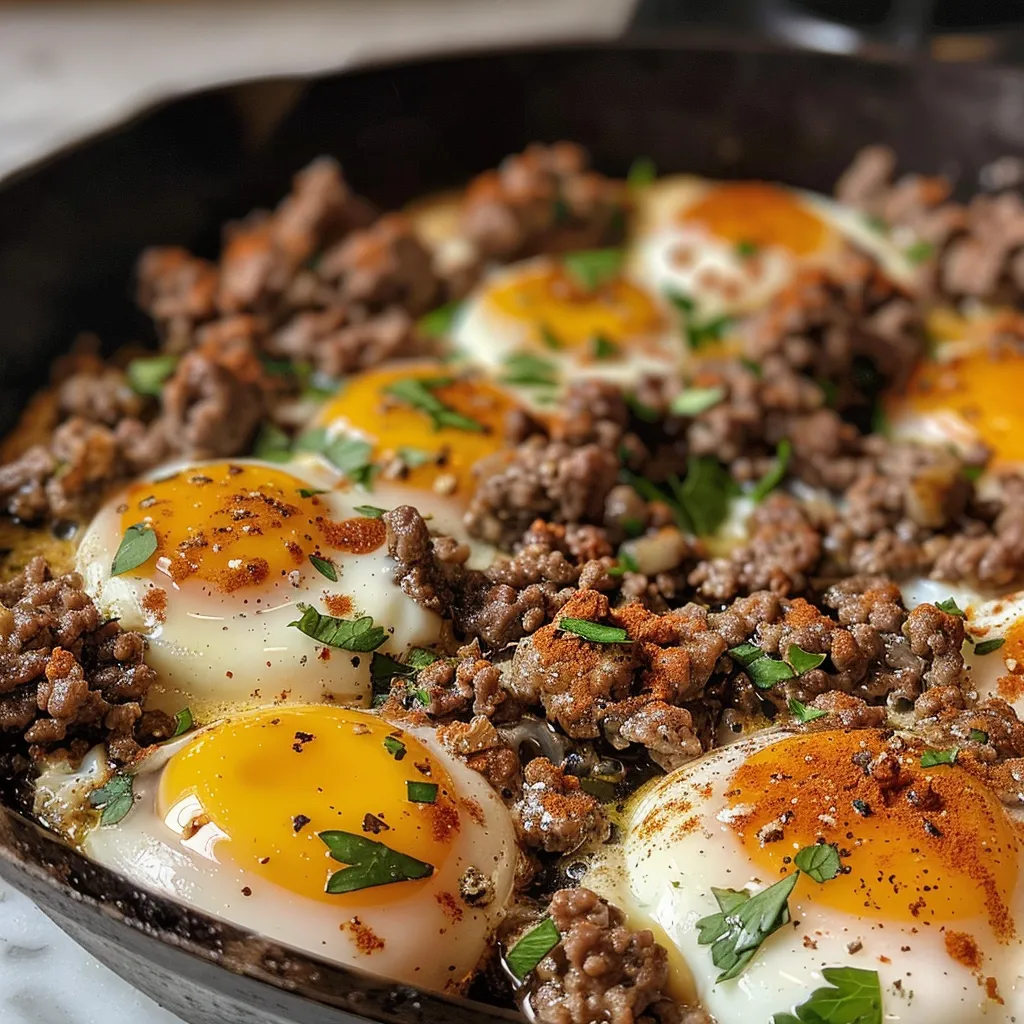 Juicy ground beef mixed with fluffy scrambled eggs garnished with parsley.