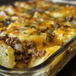 Close-up of a savory ground beef and potatoes casserole with melted cheese on top.