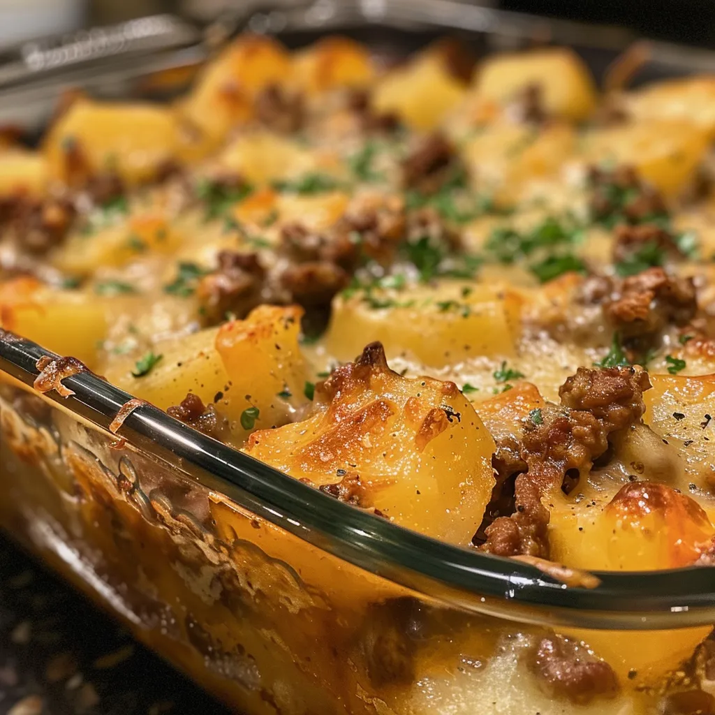Side view of a delicious casserole featuring ground beef, diced potatoes, and cheese.