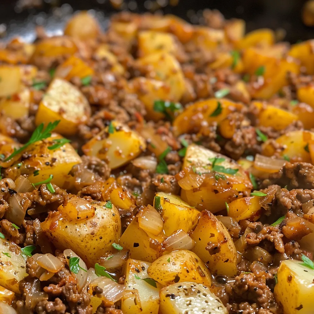 A vibrant skillet showcasing a hearty mix of ground beef and diced russet potatoes, glistening with olive oil.