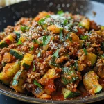 A close-up view of a Ground Beef and Zucchini Skillet with diced zucchini and ground beef.