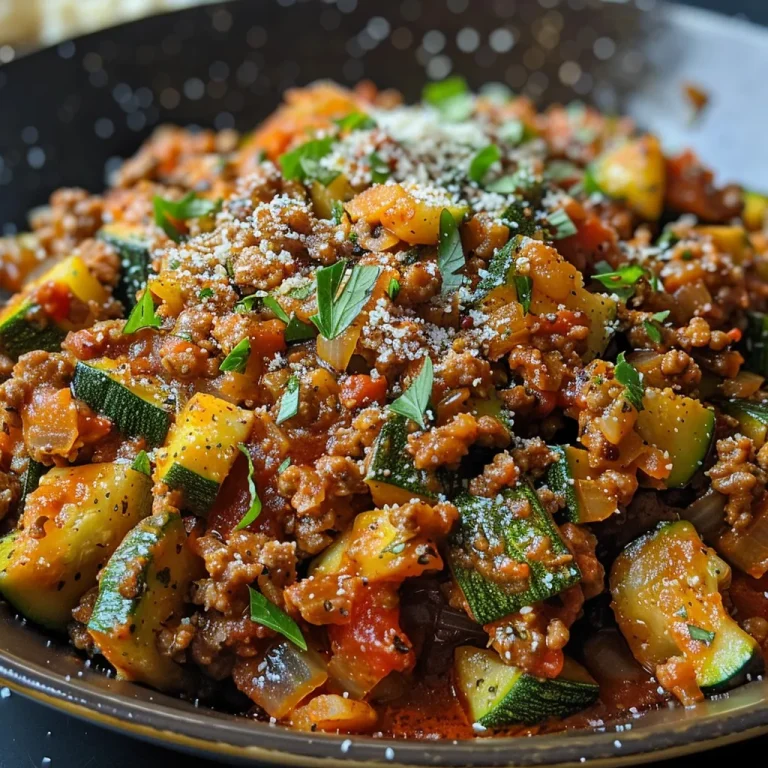 A close-up view of a Ground Beef and Zucchini Skillet with diced zucchini and ground beef.