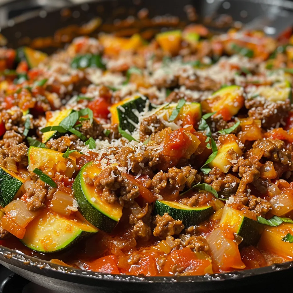 Juicy Ground Beef and Zucchini Skillet displayed in a frying pan, featuring fresh ingredients.