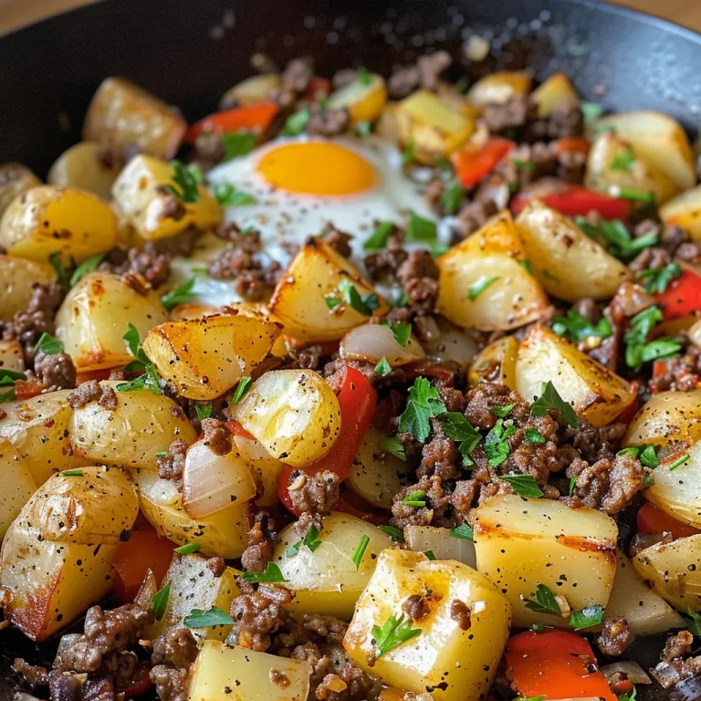 Rise and Shine with This Ground Beef Breakfast Hash: A Flavorful Start to Your Day! Close-up view of a skillet filled with ground beef breakfast hash, featuring diced potatoes, onions, and eggs.