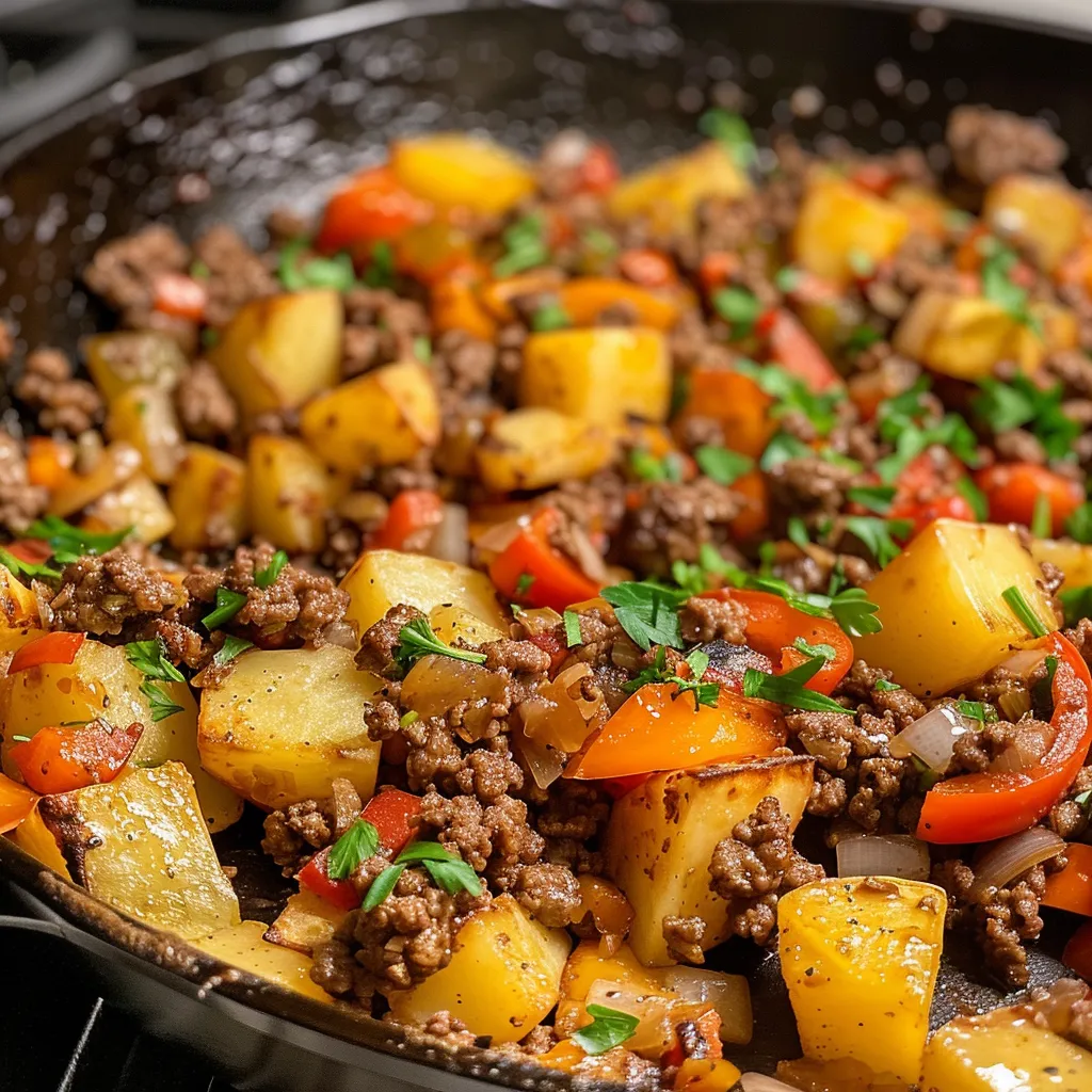 A vibrant ground beef breakfast hash served in a skillet, showcasing golden potatoes, colorful bell peppers, and runny eggs.