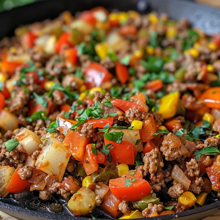 Sizzle and Shine: Your New Go-To Ground Beef Veggie Skillet Dinner! A close-up view of a delicious ground beef and vegetable skillet dinner, highlighting colorful ingredients.