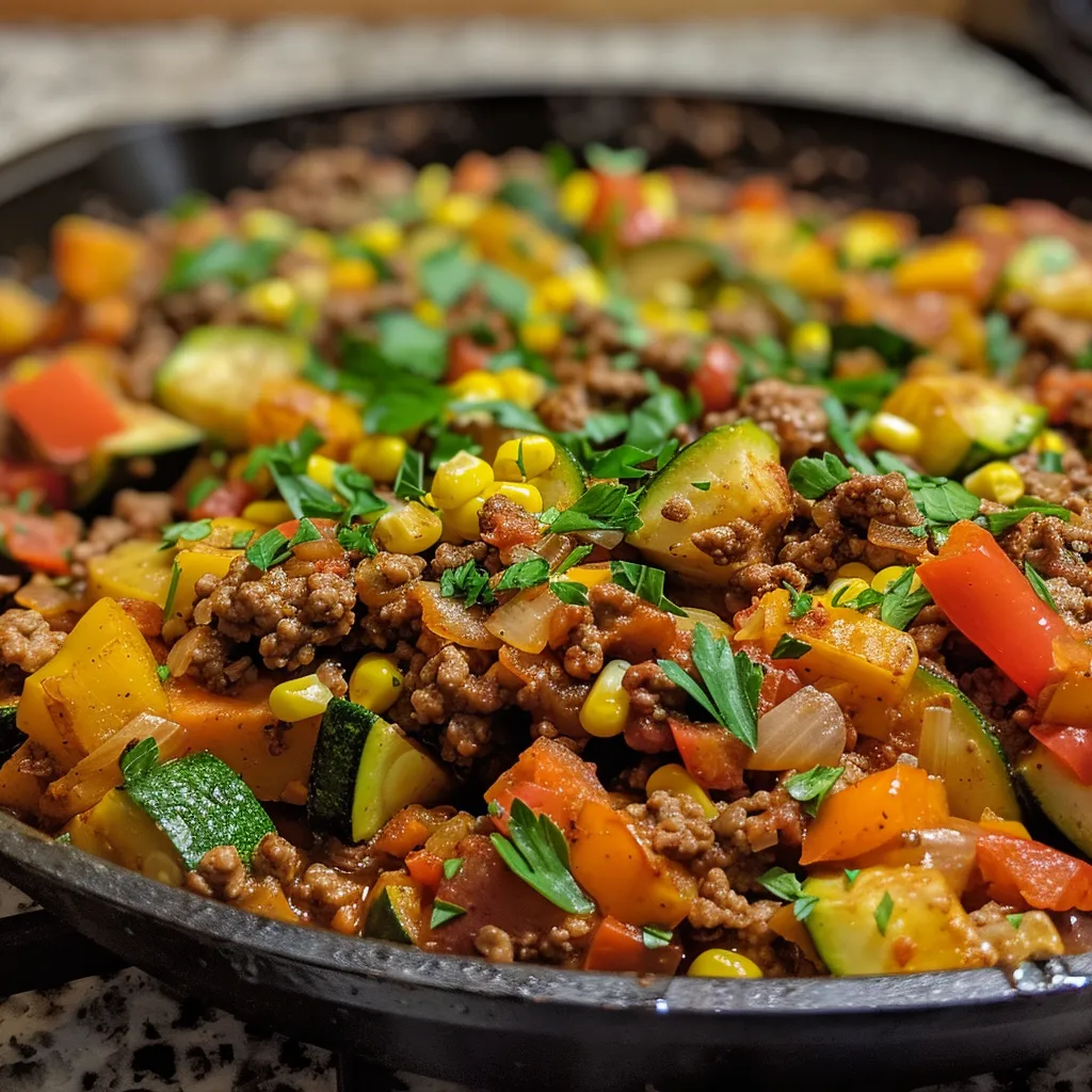 A side view of a skillet filled with ground beef and various vegetables, showcasing a vibrant and appetizing meal.