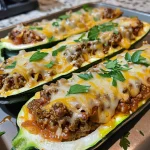 Juicy ground beef zucchini boats filled with cheese and herbs, side view.