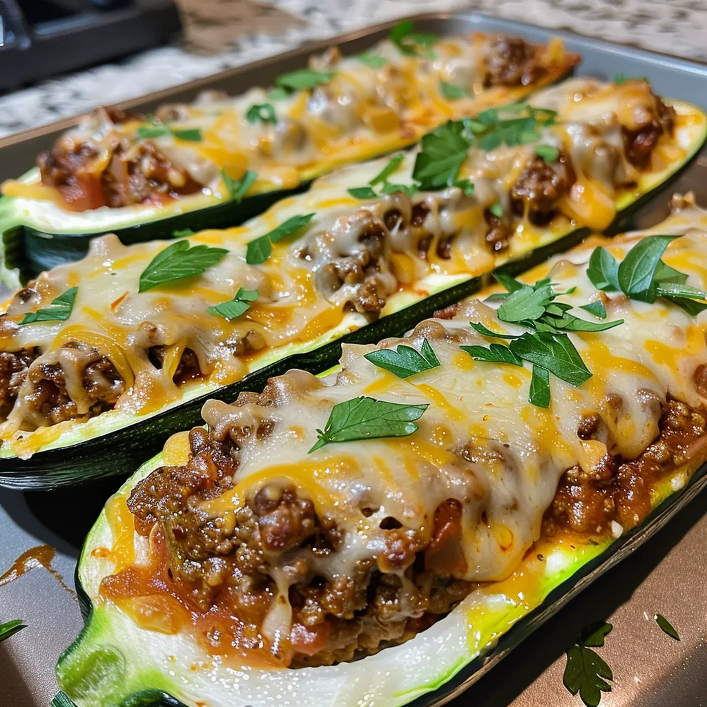 Juicy ground beef zucchini boats filled with cheese and herbs, side view.