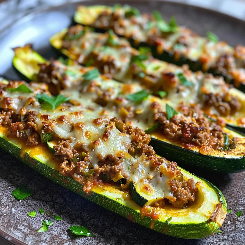 Close-up of baked zucchini boats with ground beef and melted cheese.