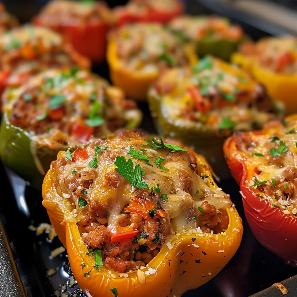 Side angle of juicy bell peppers filled with ground chicken, topped with melted cheese.