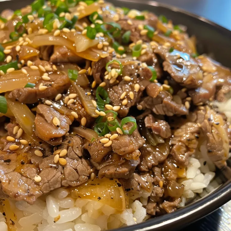 Close-up view of a gyudon beef rice bowl, highlighting sliced beef and rice.