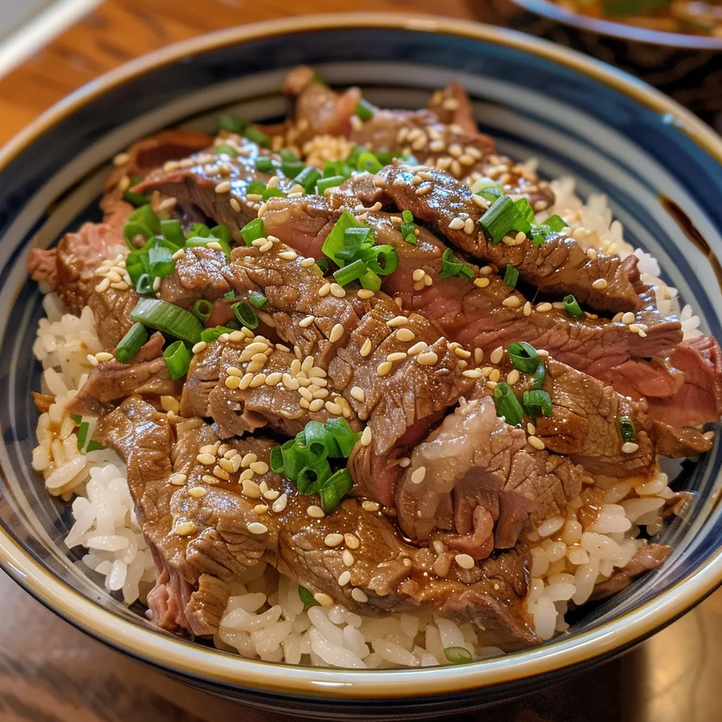 Side view of a gyudon dish, featuring succulent beef over rice garnished with green onions.