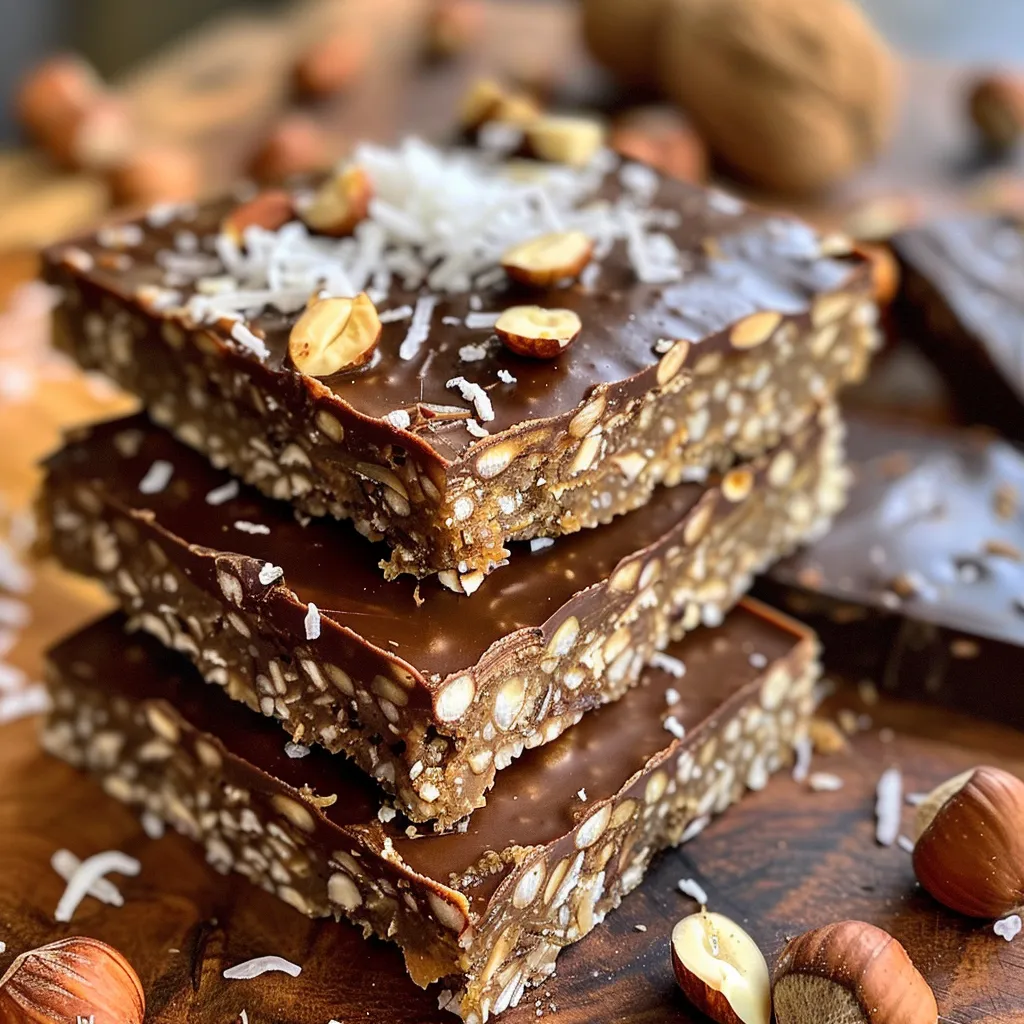 Side view of a gluten-free hazelnut protein bar showcasing its chewy texture and rich cocoa.