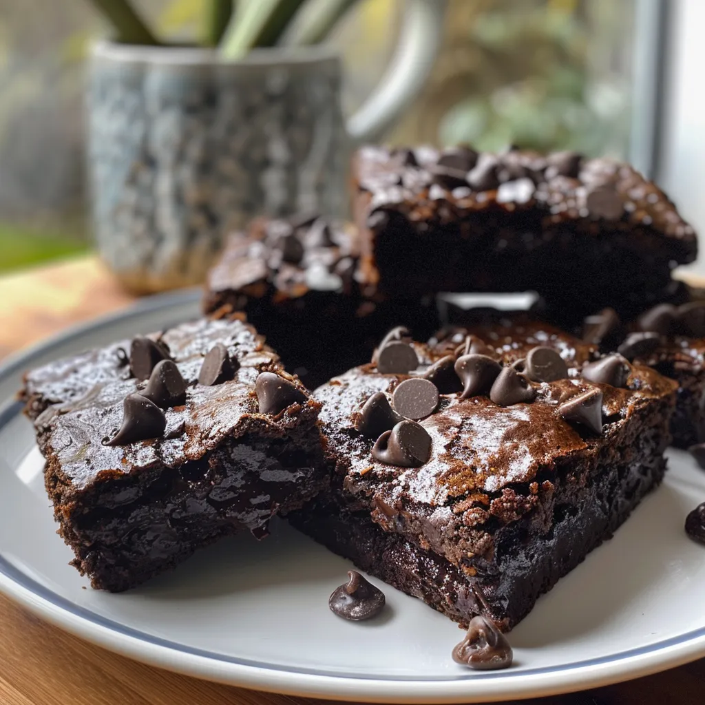 Side view of moist banana brownies with chocolate chips and a glossy finish, presented on a plate.