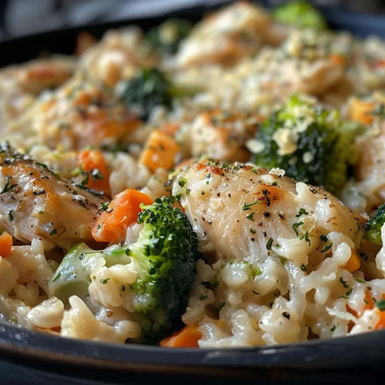 A close-up side view of a healthy chicken and rice casserole, showcasing colorful ingredients.