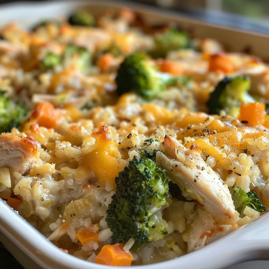 Juicy chicken and rice casserole with broccoli and carrots, captured in a close-up side view.