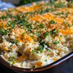 Close-up view of a flavorful chicken cauliflower rice casserole with melted cheese on top.