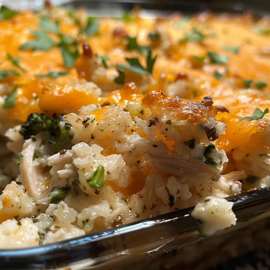 Side view of a healthy casserole featuring chicken and cauliflower rice, garnished with spinach.