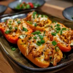 Close-up side view of juicy chicken stuffed peppers filled with colorful ingredients.