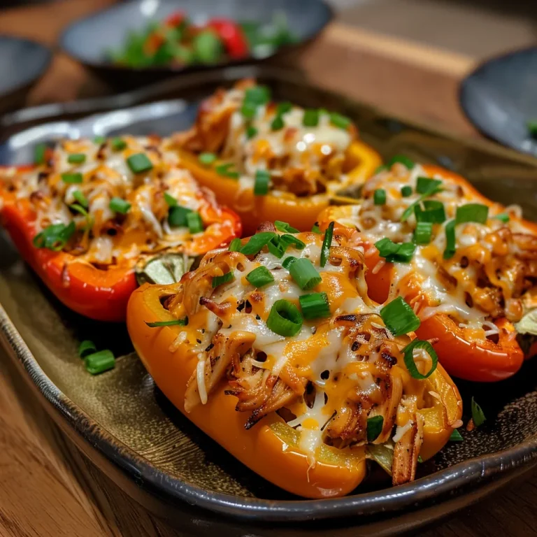 Close-up side view of juicy chicken stuffed peppers filled with colorful ingredients.