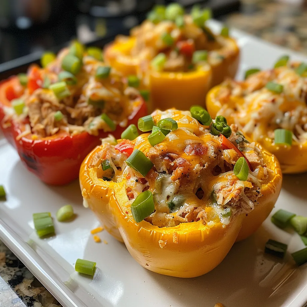Vibrant bell peppers halved and loaded with shredded chicken and creamy toppings.