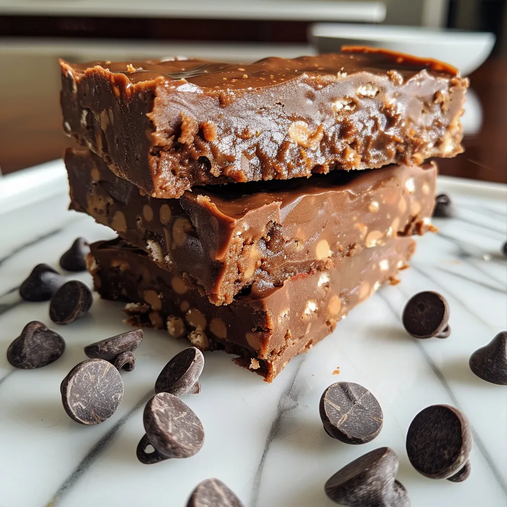 Side angle of a delicious chocolate protein bar displaying its rich chocolate color and layers of ingredients.