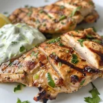Juicy grilled chicken breast with a creamy yogurt sauce drizzled on top, garnished with fresh herbs.