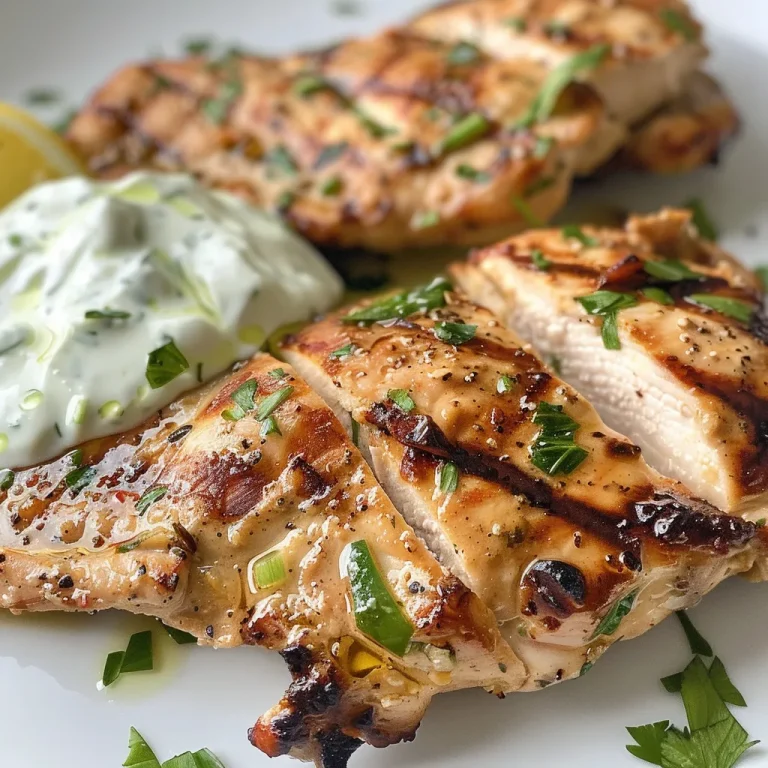 Juicy grilled chicken breast with a creamy yogurt sauce drizzled on top, garnished with fresh herbs.