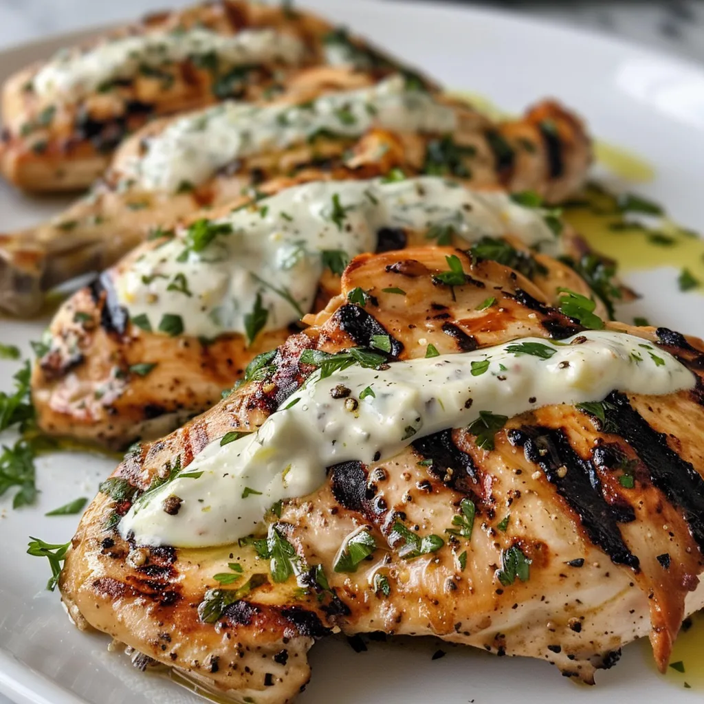 Close-up of healthy grilled chicken served with a side of white yogurt sauce, highlighting its juicy texture.